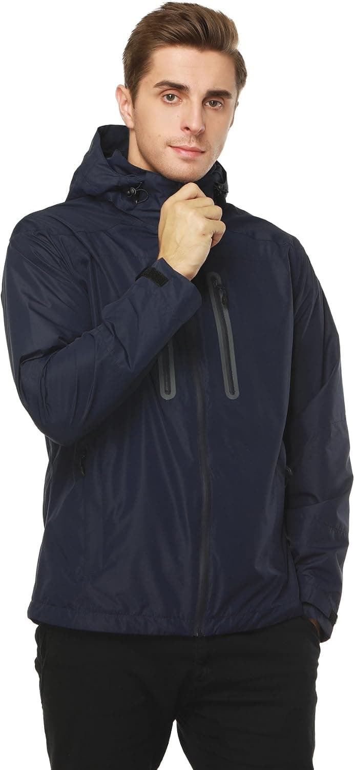 MIER Men's Rain Jackets Waterproof Outdoor Jackets with Hideaway Hood, Front Zip, Navy, XL