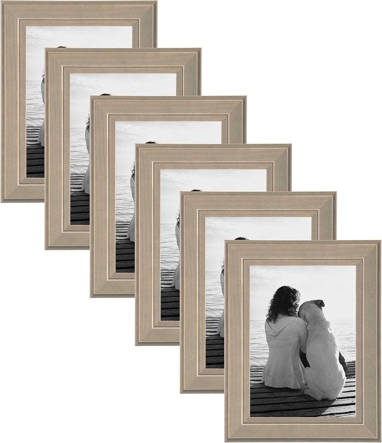 DesignOvation Kieva Solid Wood Picture Frames, Distressed Gray 5x7, Pack of 6