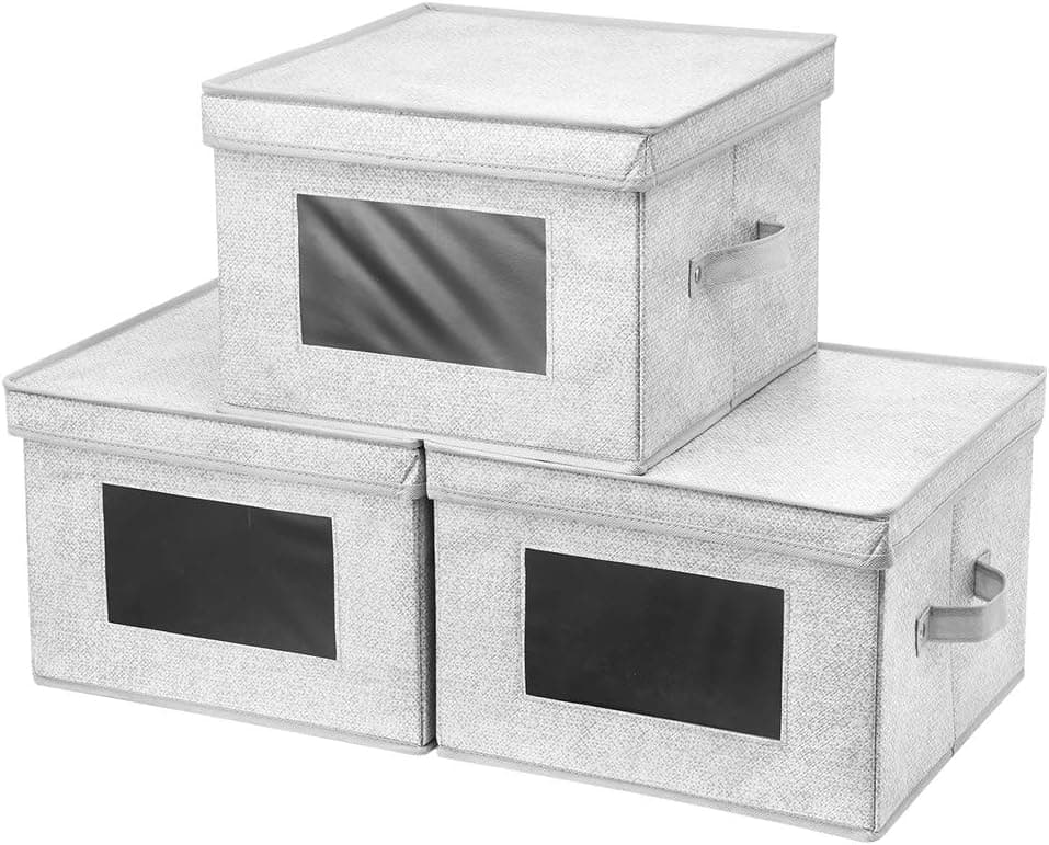 Fabric Storage Bins with Lids 12x12x8.5 In Cubes Storage Boxes with Window Grey White Foldable Storage Cubes Cloth Closet Bins Collapsible Cubes Storage Baskets Drawer Cubicle Inserts Storage for Organizer Closet Shelves ,QY-SC21-3