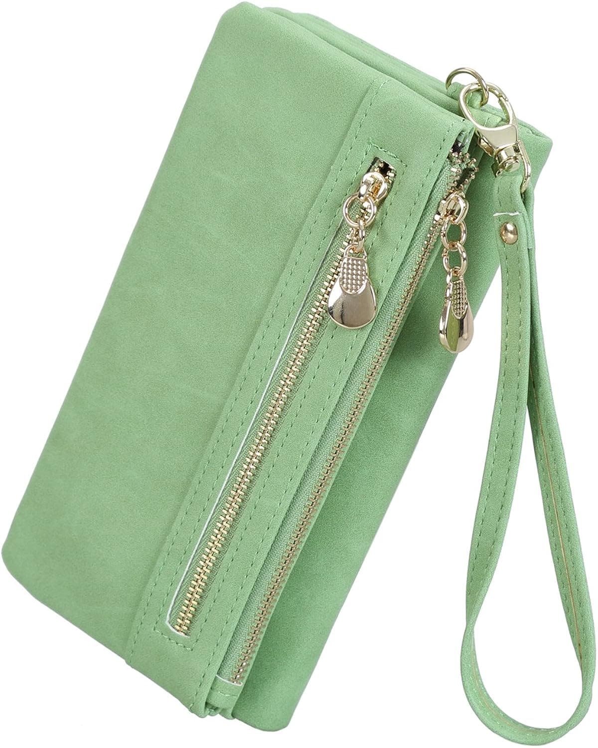 SCIEN Women's Leather Clutch Wallet Purses with Wrist Strap Long Bifold Card Holder, Grass Green