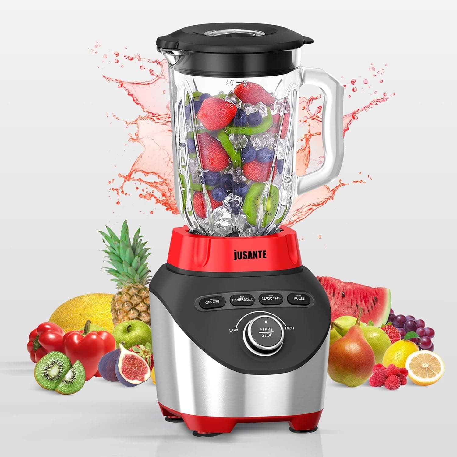 JUSANTE Blender for Shakes and Smoothies with 60 oz Glass Jar Kitchen Countertop Blender with 1200 Watts High Speed Ice Crusher Blender Smoothie Blender for Shakes Frozen Drinks（Red)