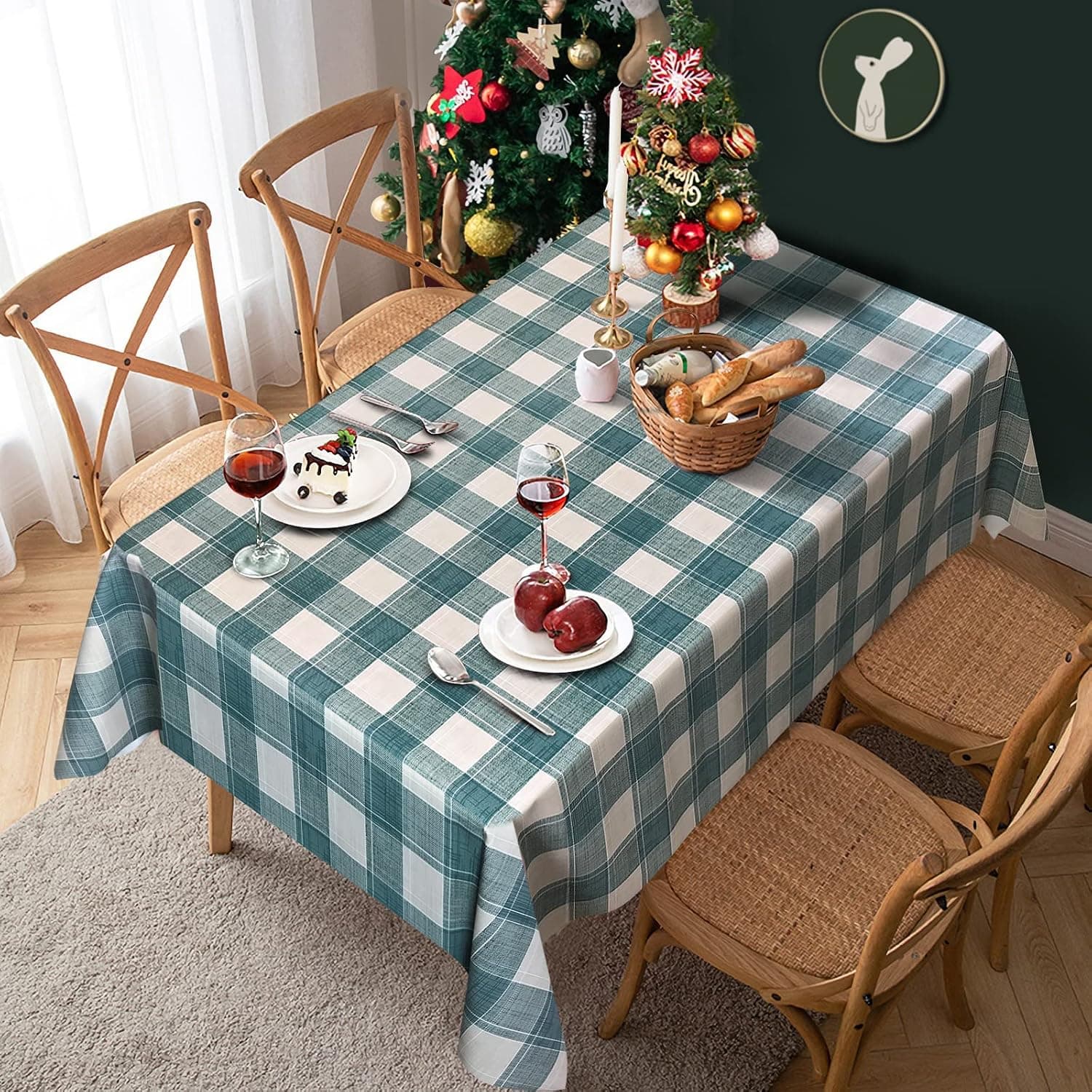 LOHOMEVE Vinyl Tablecloth Rectangle, Plastic Table Cloth, Oil Spill Proof Wipeable PVC Table Cover for Spring Indoor Outdoor Picnic Decoration (Green Checker, 54"×108")