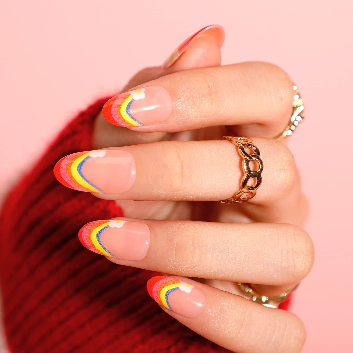 Medium Press On Nails, BettyCora Valentine's Oval Press Nails 24 Fake Nails with Nail Glue Stick on Nails for Women Acrylic nails Press On Manicure Kit(Rainbow Flower)