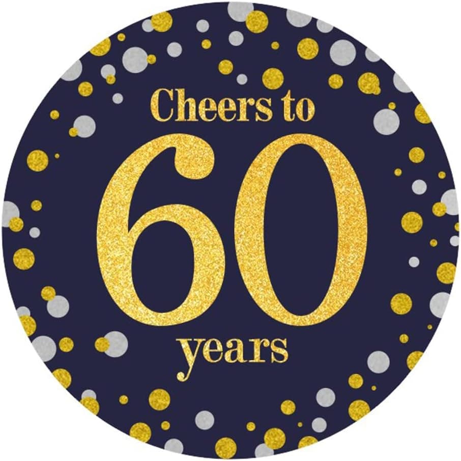 Black and Gold Cheers to 60 Years Sticker Labels - 60th Birthday Party Favor Stickers - 2 in - 50 Count, Black ,Gold