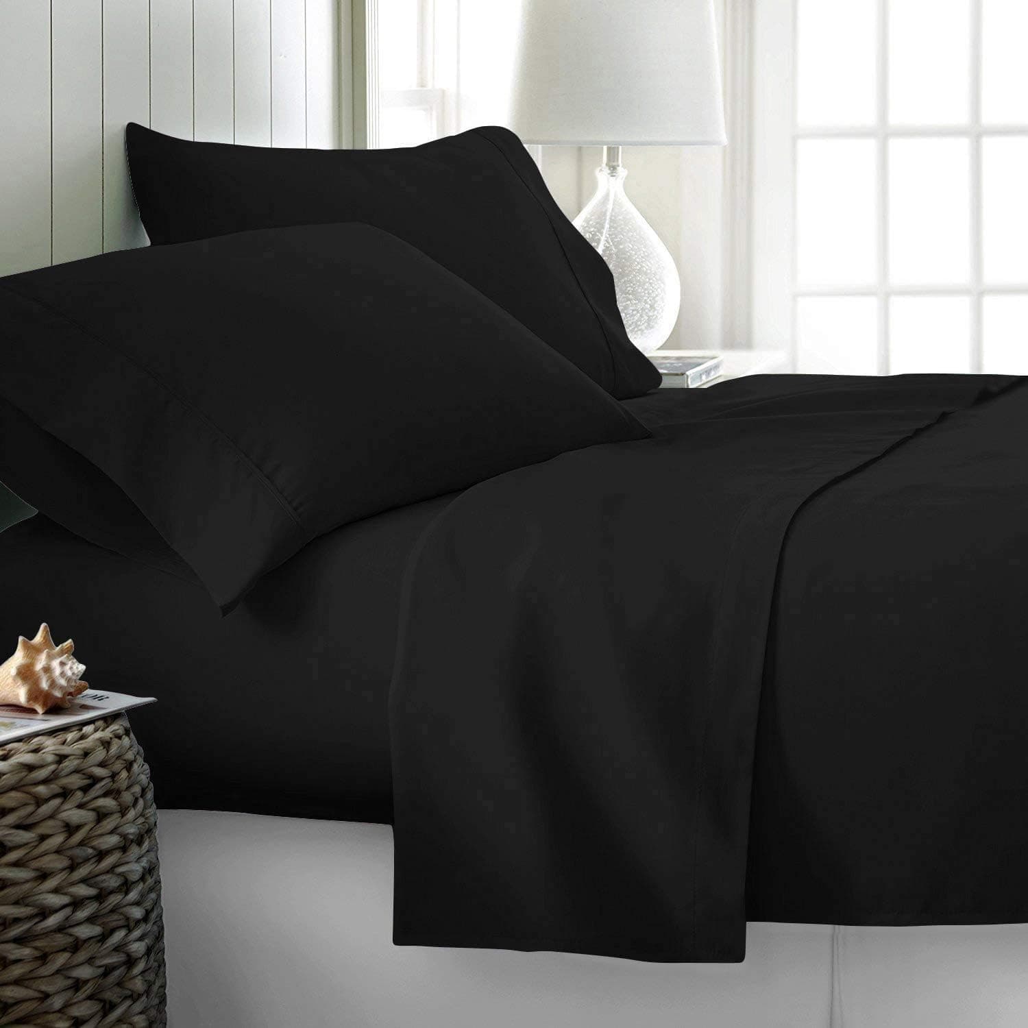 Top Finel All Season, Soft 1000-TC Egyptian Cotton 4-PCs Sheet Set Queen Size Fits 7-9'' Deep Pocket, Lightweight Super Soft Easy Care (Solid, Black)