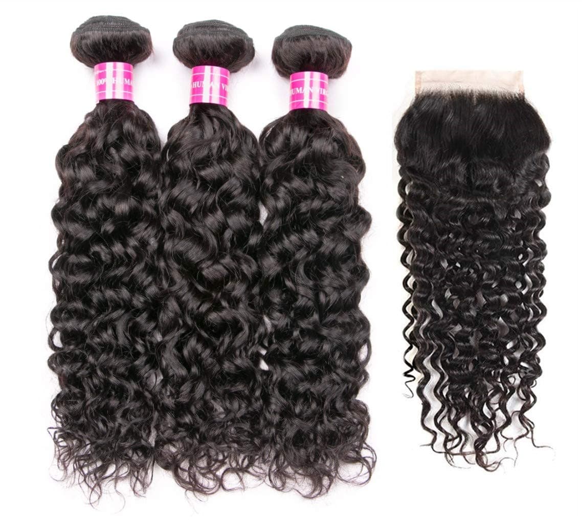 Brazilian Water Wave Bundles with Closure 9A Ocean Wave Wet and Wavy Human Hair Bundles with Closure 100% Human Hair Weave Extensions Remy Hair Bundles Water Curly Hair (18 20 22+16, free)