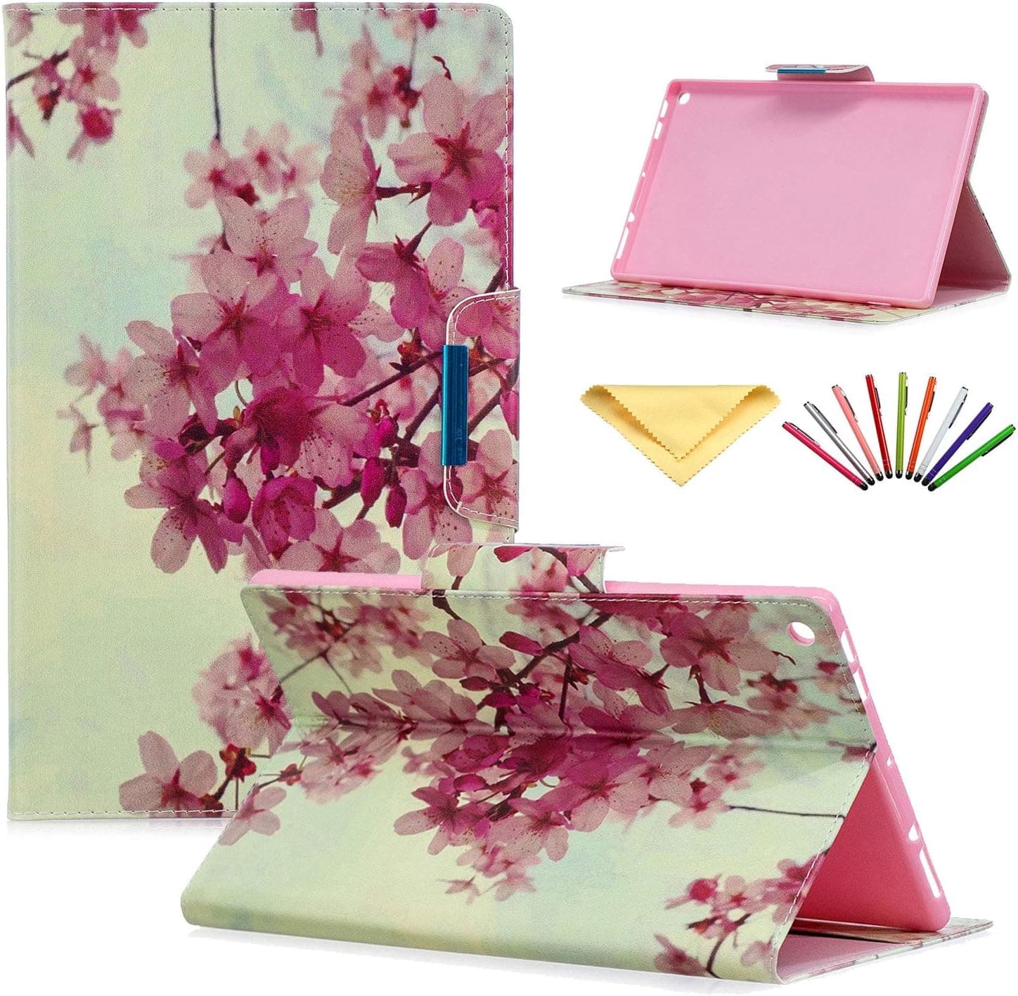 Uliking for Amazon Kindle Fire HD 10 Tablet 10.1" Case 9th/7th/5th Generation (2019/2017/2015) Smart PU Leather Folio Stand Magnetic Wallet with Card Pockets [Auto Wake/Sleep], Cherry Blossoms Flower
