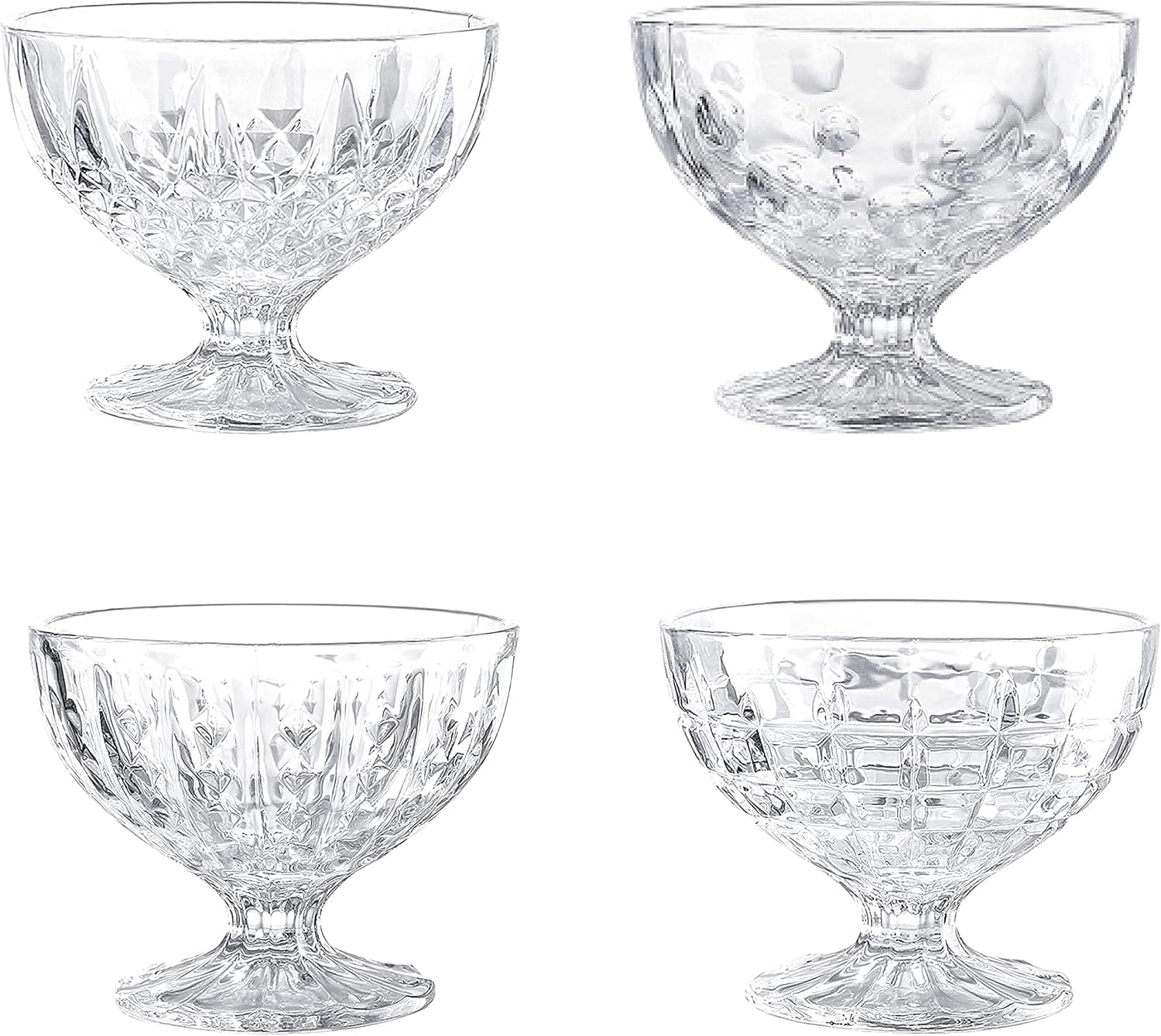 WHOLE HOUSEWARES | Glass Dessert Bowls | Set of 4 Unique Mini Trifle Footed Cups | 8 Ounce Clear Glass | Salad/Ice Cream Sundae Cups