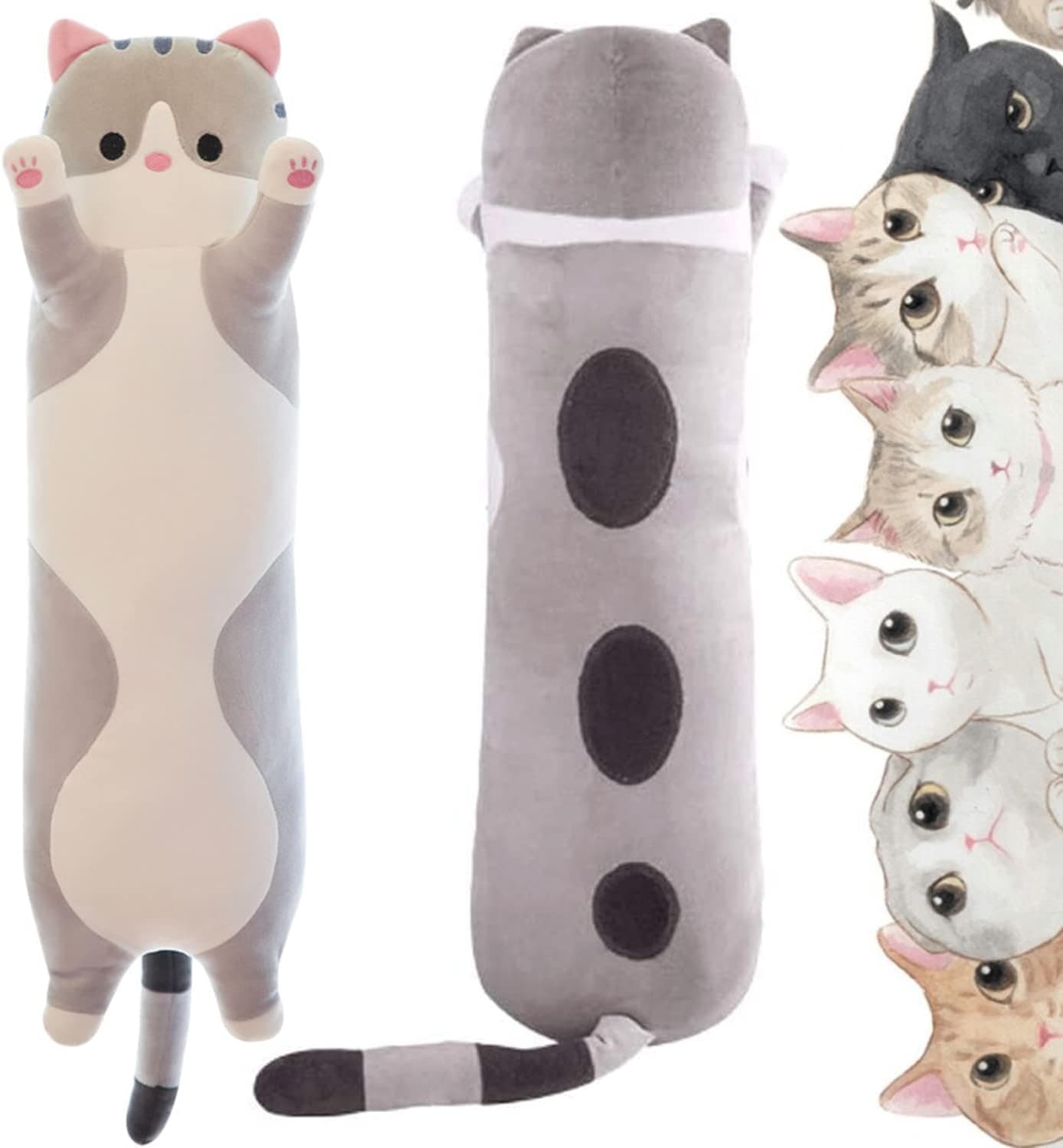 Handytoolinc Cat Soft Pillow Plush Long Throw Sleeping Pillow Cotton Kitten Pillow Cuddly Stuffed Cute Plush Doll Toy Gift for Kids Girlfriend (19.7 inch/50 cm, Grey)