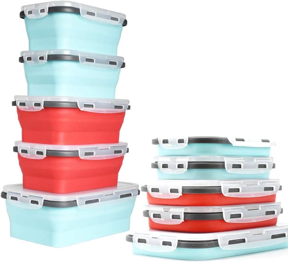 5th Unit “FREE” When You Purchase 4 of Our Cool Blue/Apple Red Environmentally Friendly Collapsible Silicone Food Storage Containers.