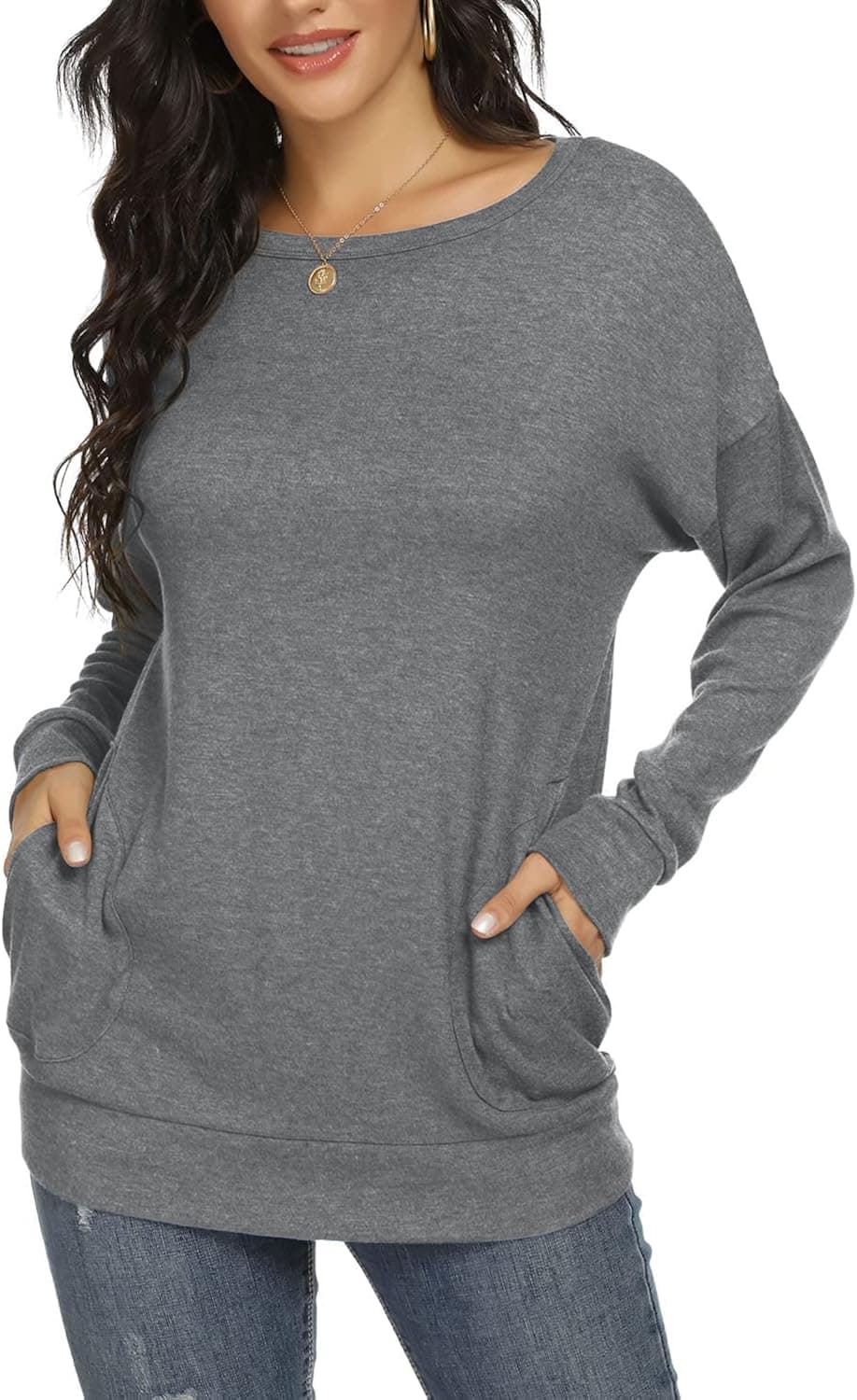 YSYOKOW Womens Fall Long Sleeve Shirts Casual Crew Neck Tunics Tops with Pockets