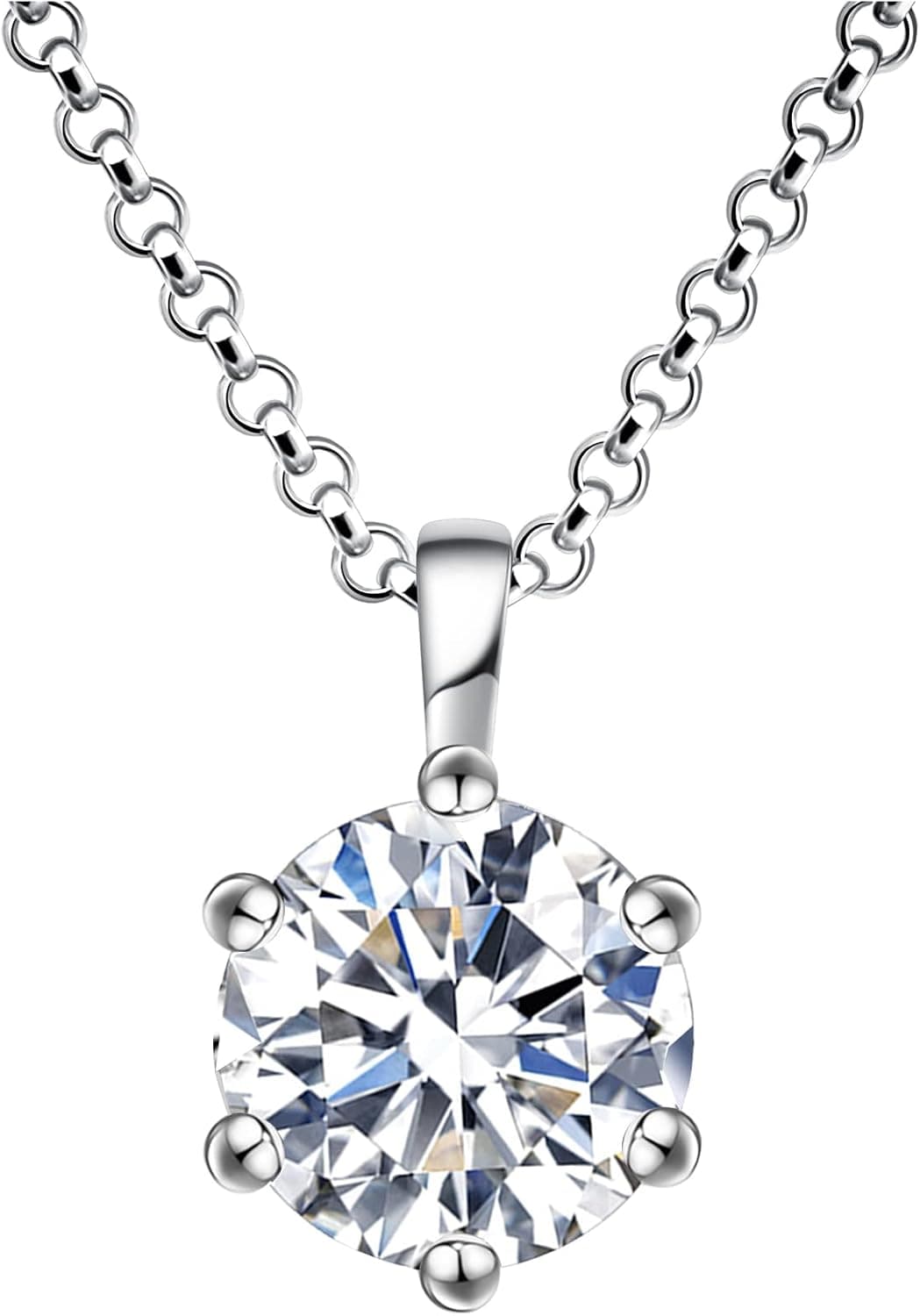 Impalsory Moissanite Pendant Necklace, 0.5ct 1ct 2ct Classic Round 6 Prong Solitaire Simulated Diamond Necklace for Women Girls 18K White Gold Plated Silver with 18 inch Chain