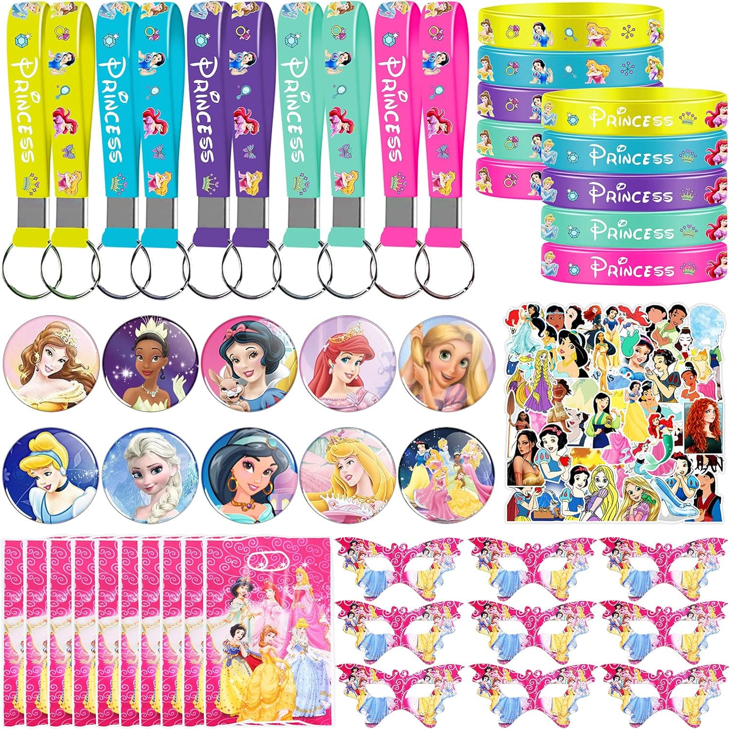 VAYNEIOJOY Princess Party Favors, Princess Birthday Party Supplies Kit Includes Bracelets Keychain Button Pins Bags Masks Stickers for Princess Party Decoration
