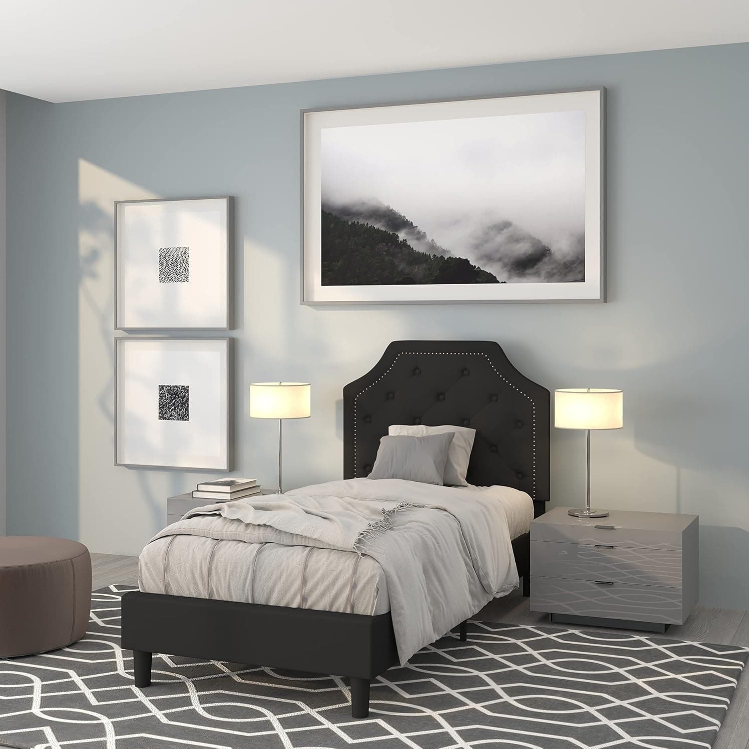 EMMA + OLIVER Twin Size Arched Tufted Upholstered Platform Bed in Black Fabric
