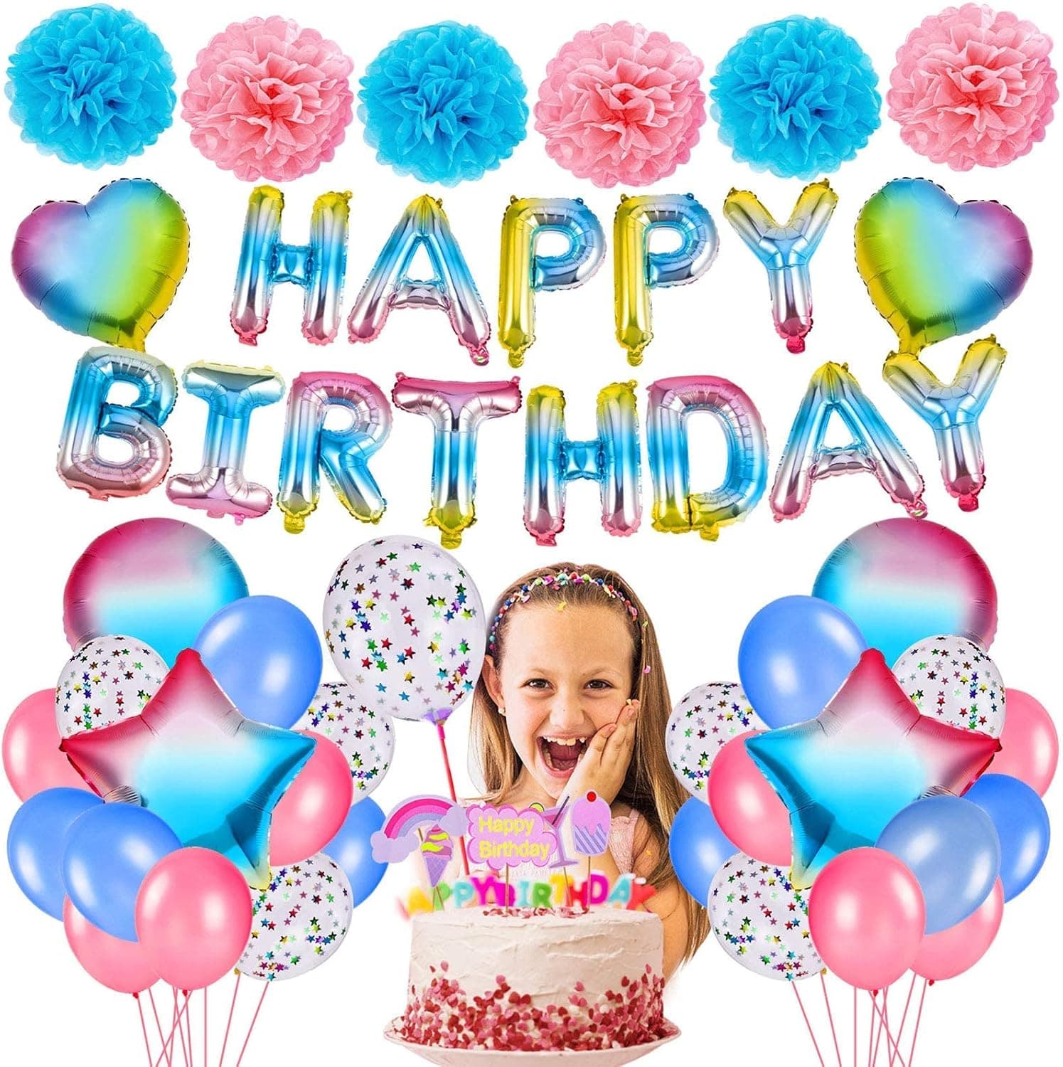 Happy Birthday Balloon, Girls Birthday Party Decorations Aluminum Foil Letter Balloons Banner Set Party Supplies for Kids Girls