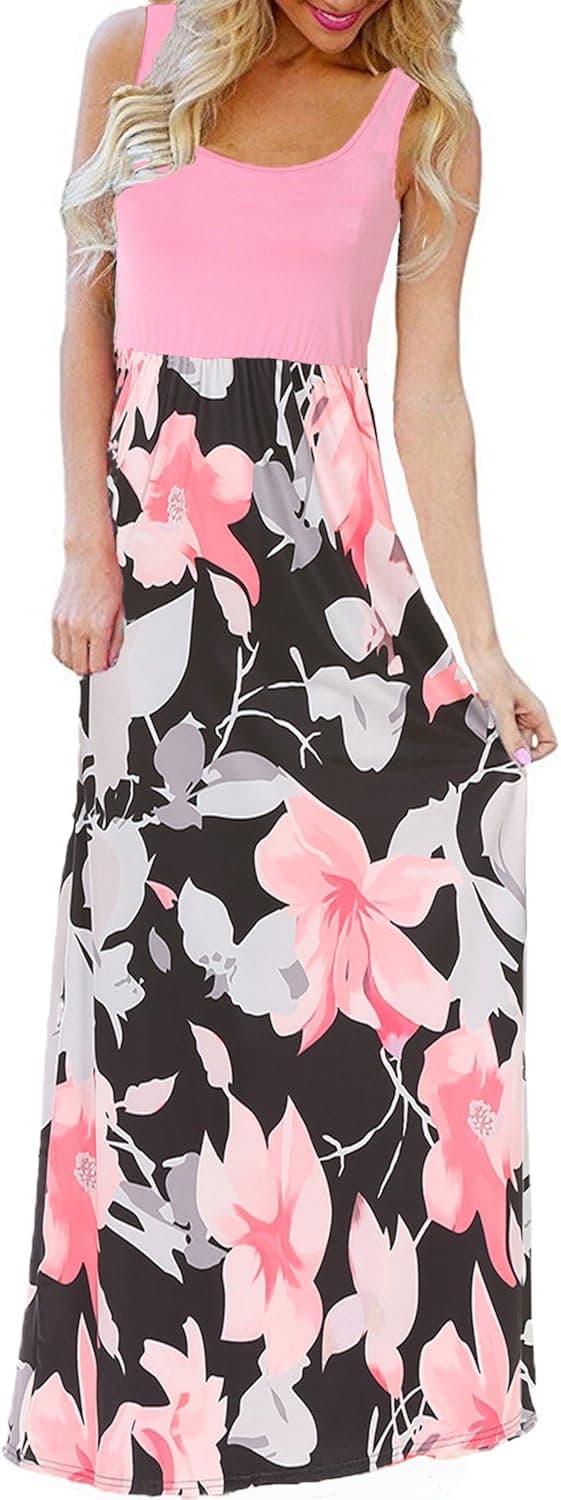 Bluetime Women's Summer Boho Sleeveless Floral Print Tank Long Maxi Dress (S-3XL)