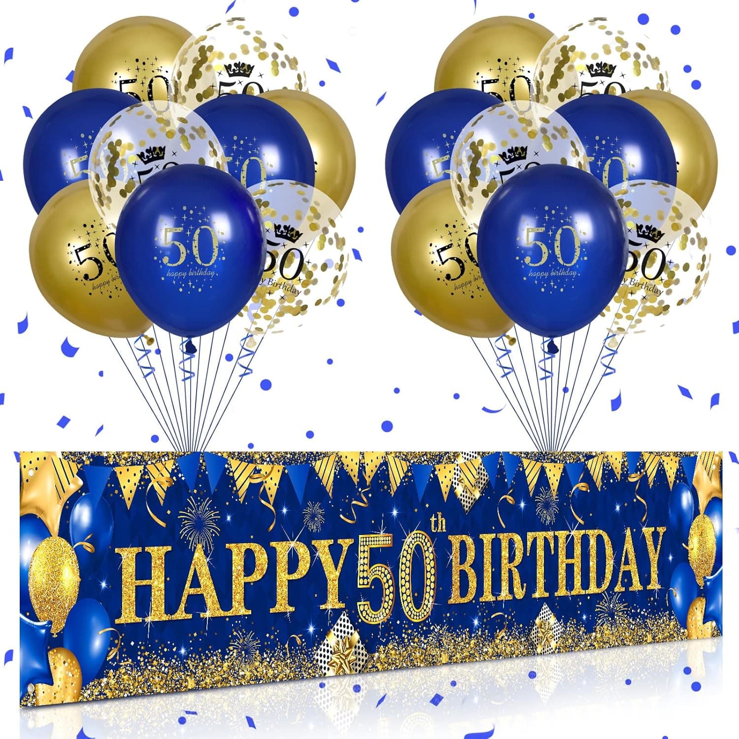 50th Birthday Decorations for Men Women Blue and Gold,Navy Blue Gold Birthday Yard Banner and 18 PCS 50th Happy Birthday Balloons for 50th Anniversary Birthday Party Supplies Indoor Outdoor Yard Decor