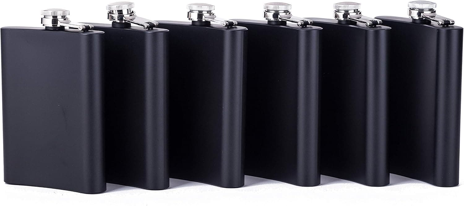 6 Pack Set Elegant Matte Black Stainless Steel 8 oz Hip Pocket Leak Proof Liquor Flask Party Favor Bachelor Bachelorette Wedding Gift Groomsmen Bottle