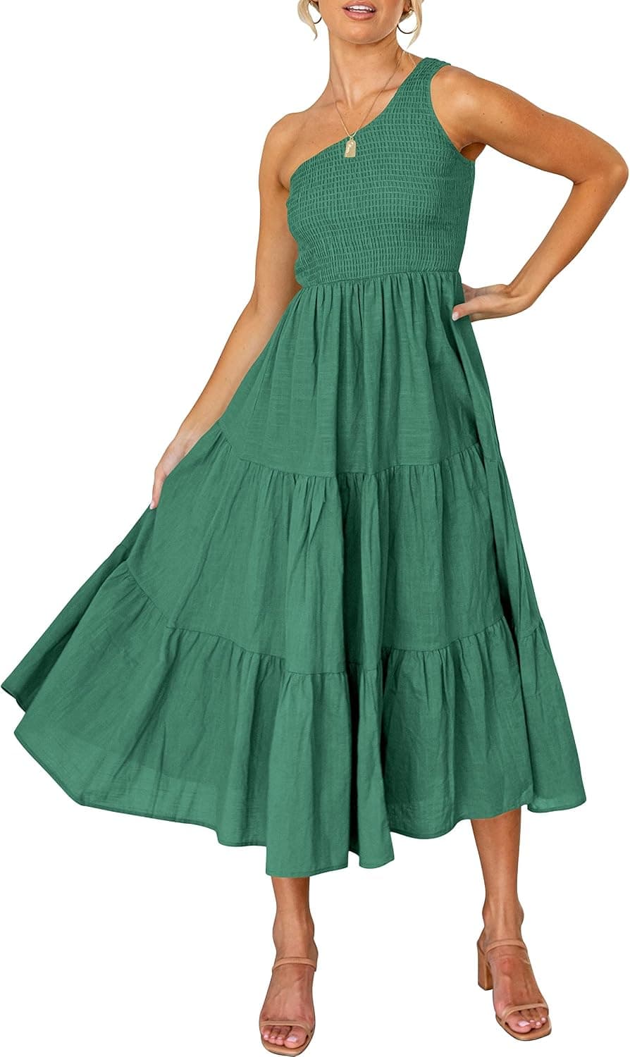 LOGENE Women's One Shoulder Sleeveless Casual Summer Dresses Smocked High Waist Boho Pleated Swing Midi Long Dress