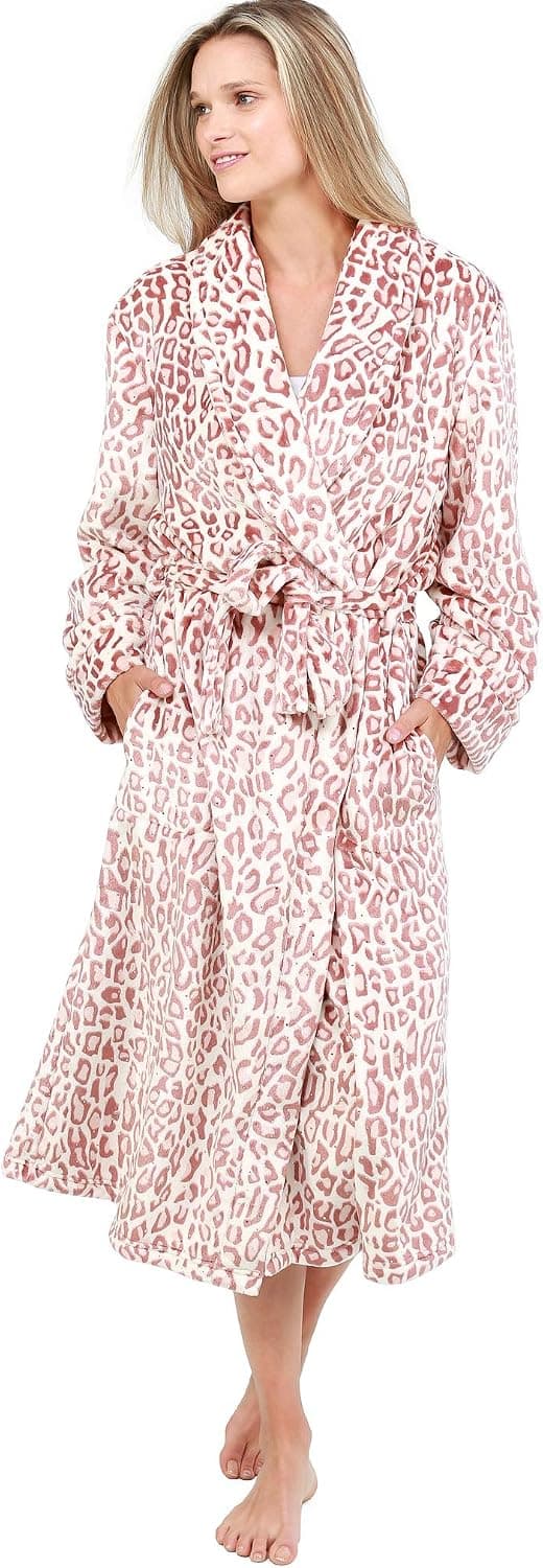 Jones New York Women’s Soft Plush Bathrobe | Shawl Collar and Cuffs, Self Tie Belt Spa Robe, Ivory (w/GoId Foil), Small/Medium
