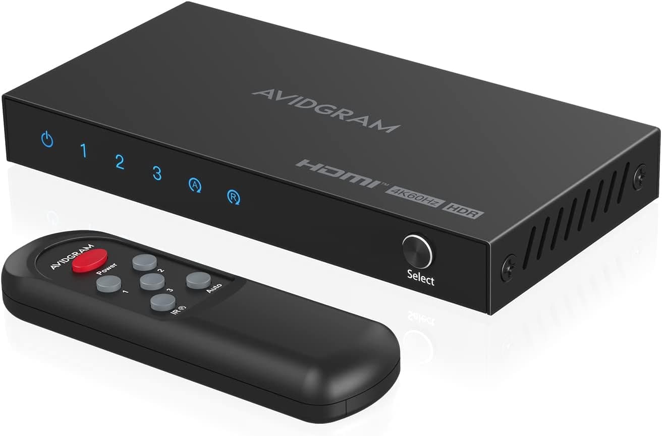 HDMI Switch 4K 60Hz, AVIDGRAM HDMI 2.0 Switcher 3 in 1 Out, 3 Port HDMI Selector Box with IR Remote Control Support HDCP 2.2 HDR10 3D 18Gbps for Xbox PS4 Roku HDTV Monitor