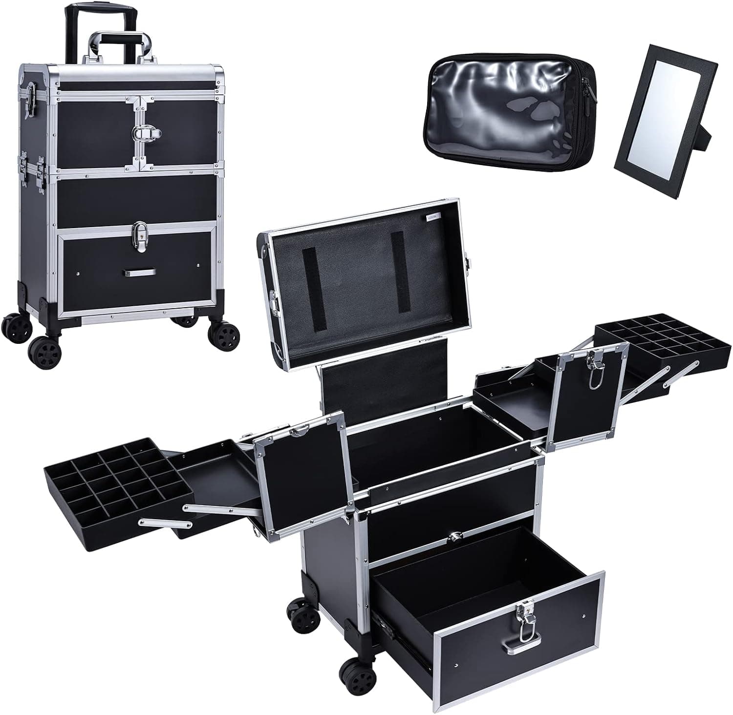 Adazzo Rolling Makeup Case Cosmetic Train Case Multi-functional 6 Trays with Drawer Mirror Brushes Tools Pouch Swivel Wheels Cosmetology Trolley for Makeup Artist, Hairstylists, Nail Tech Students Salon Barber Traveling Case Cart Trunk Black