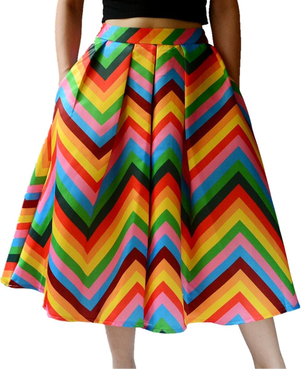 YSJ Midi Skirt A-Line Pleated Vintage High Waist Rainbow Striped OL Skirts (S Yellow)