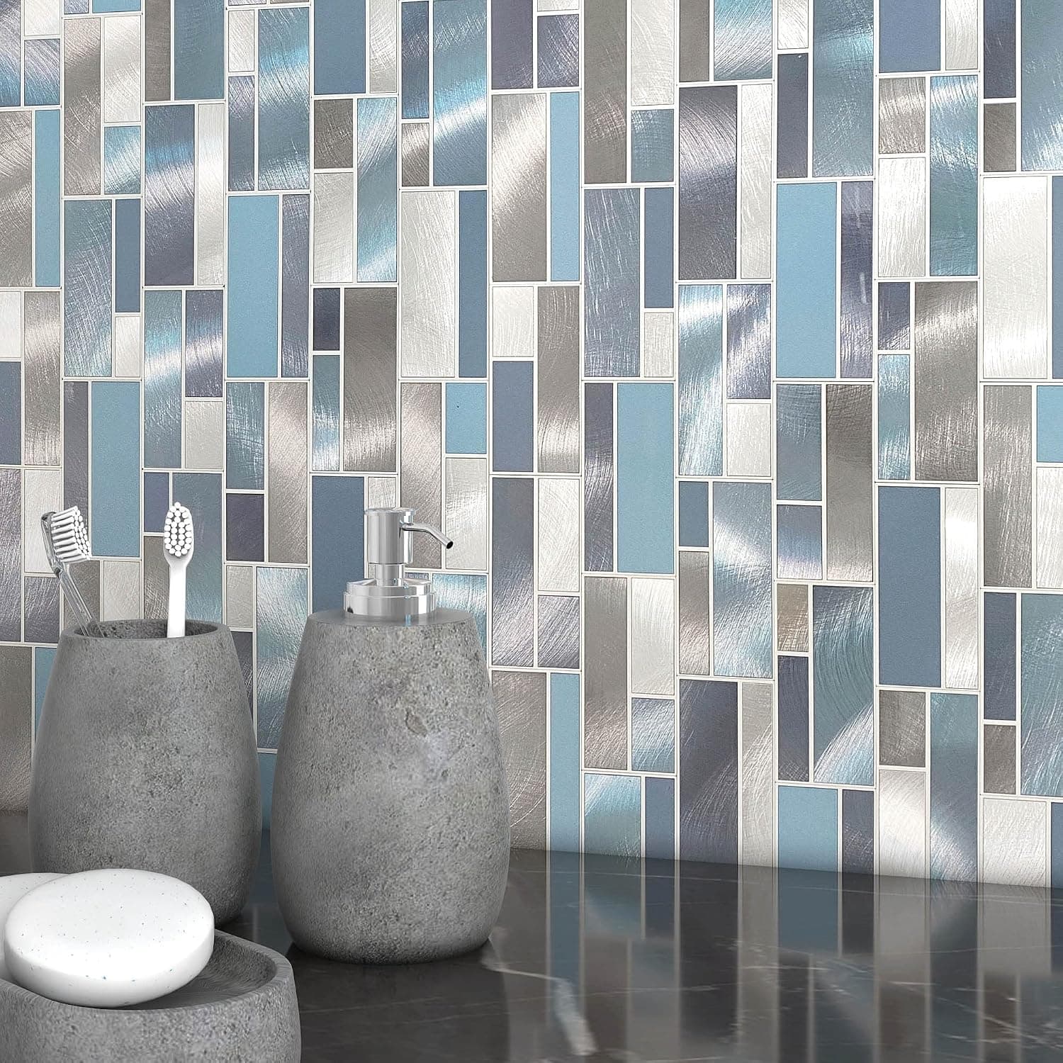 MOFIT Metallic Backsplash Tile for Kitchen Peel and Stick Subway,Metal Backsplash for Stove Fireplace Heat Resistant Brick Self-Adhesive Wall Tiles(5sheets,Blue）