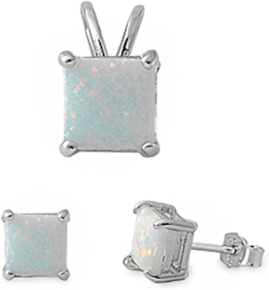 Oxford Diamond Co Princess Cut Simulated Gemstone Pendant & Earring .925 Sterling Silver Solitaire Set