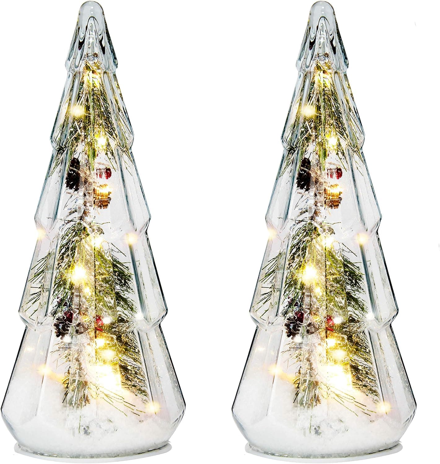 Costyleen 2PCS Christmas Ornaments Set, 15in Tower Shaped Glass Xmas Tree Artificial Snow Decoration with LED Lights, Home Table Decor Festive Gift