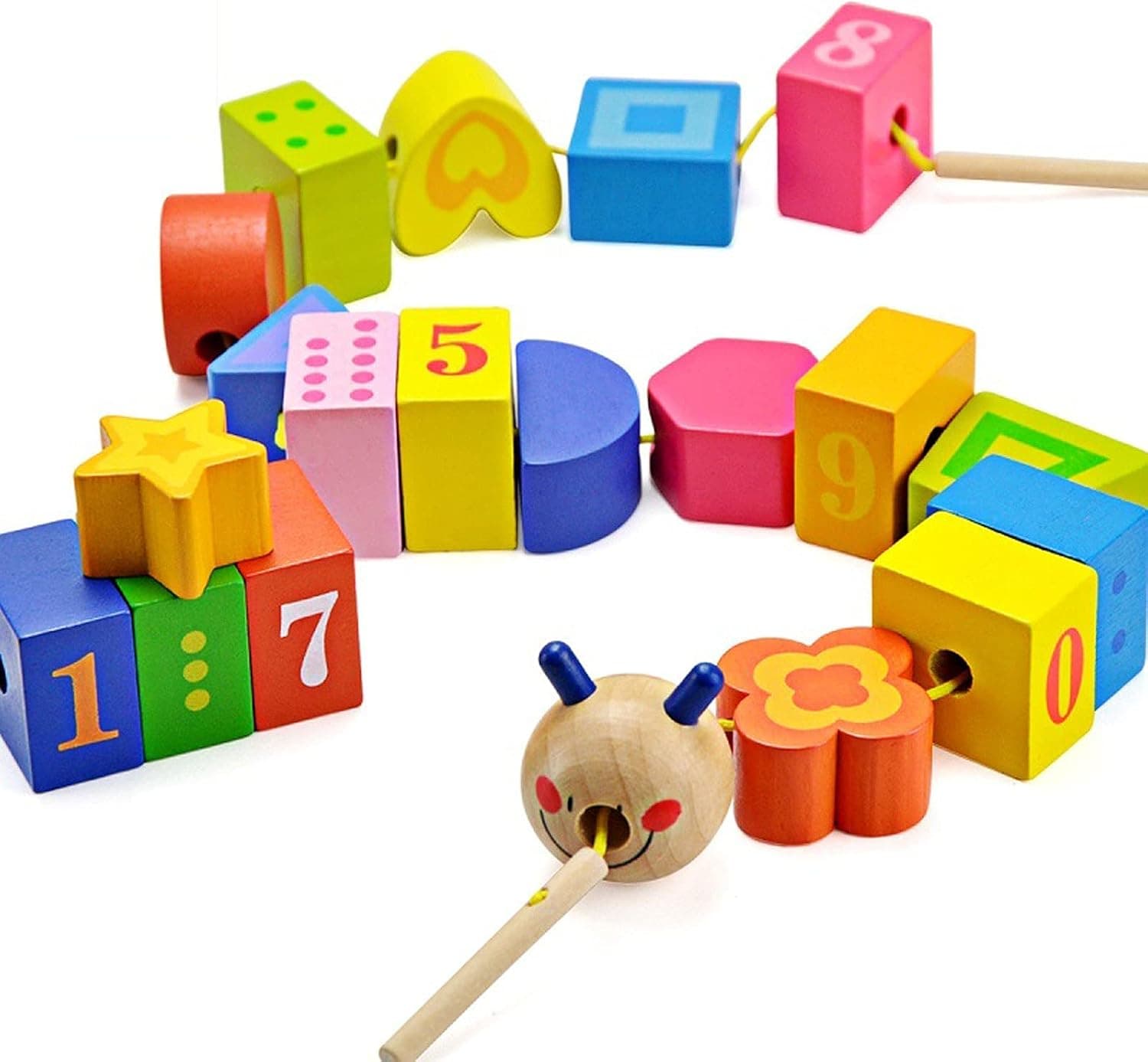 BOHS Caterpillar Lacing Block Beads - Toddler Learn Math Counting, Numbers and Shapes- Baby Kids Fine Motor Skills Early Development Toys