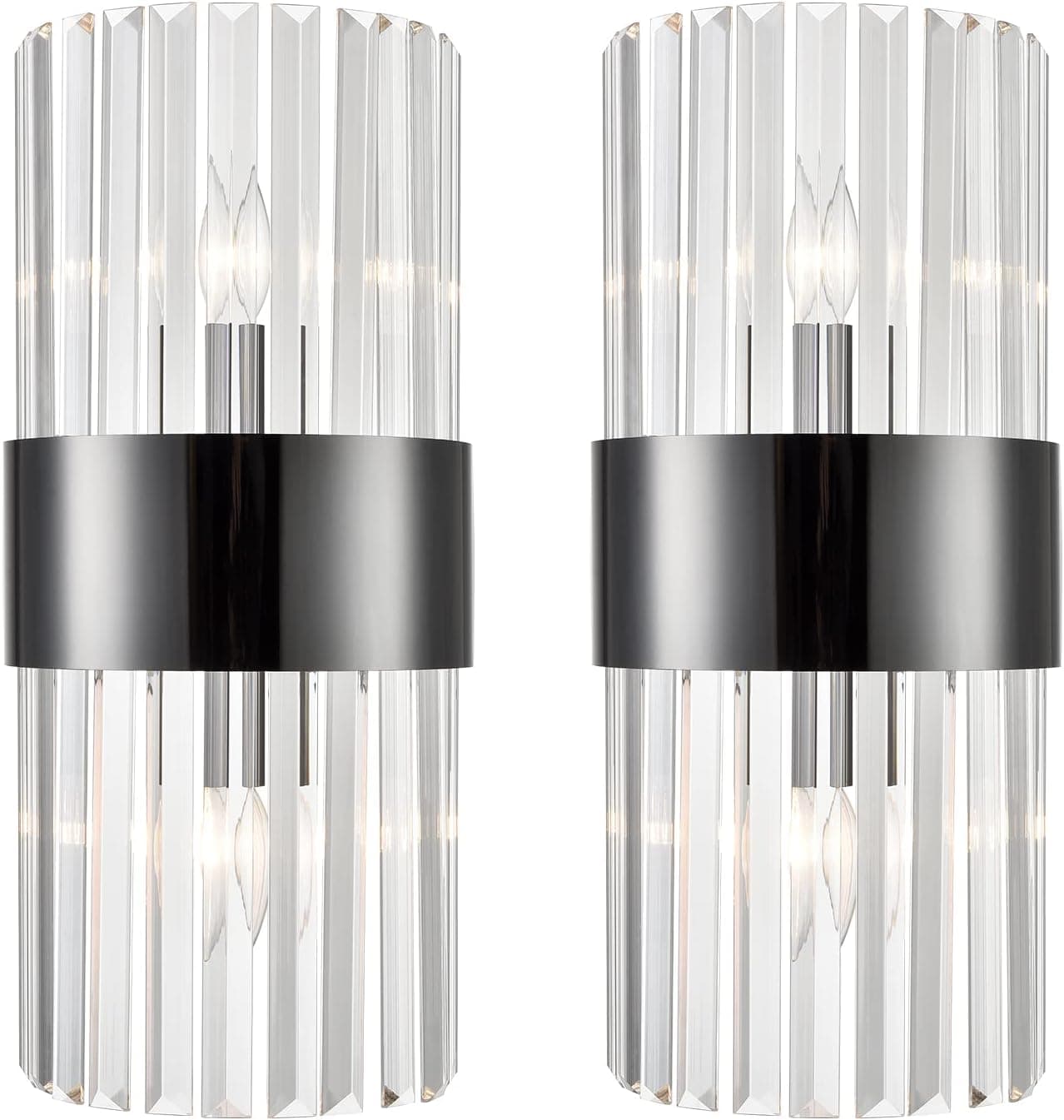 SAMTEEN Modern Glass Wall Sconces Set of Two Industrial Titanium Black Wall Light Fixtures Crystal Sconces Wall Lighting for Bathroom Hallway Bedroom