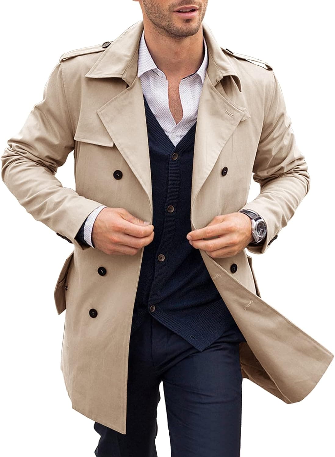 Xenuay Mens Trench Coat Slim Fit Double Breasted Casual Long Jacket Lightweight Oversized Lapel Pea Coat Overcoat