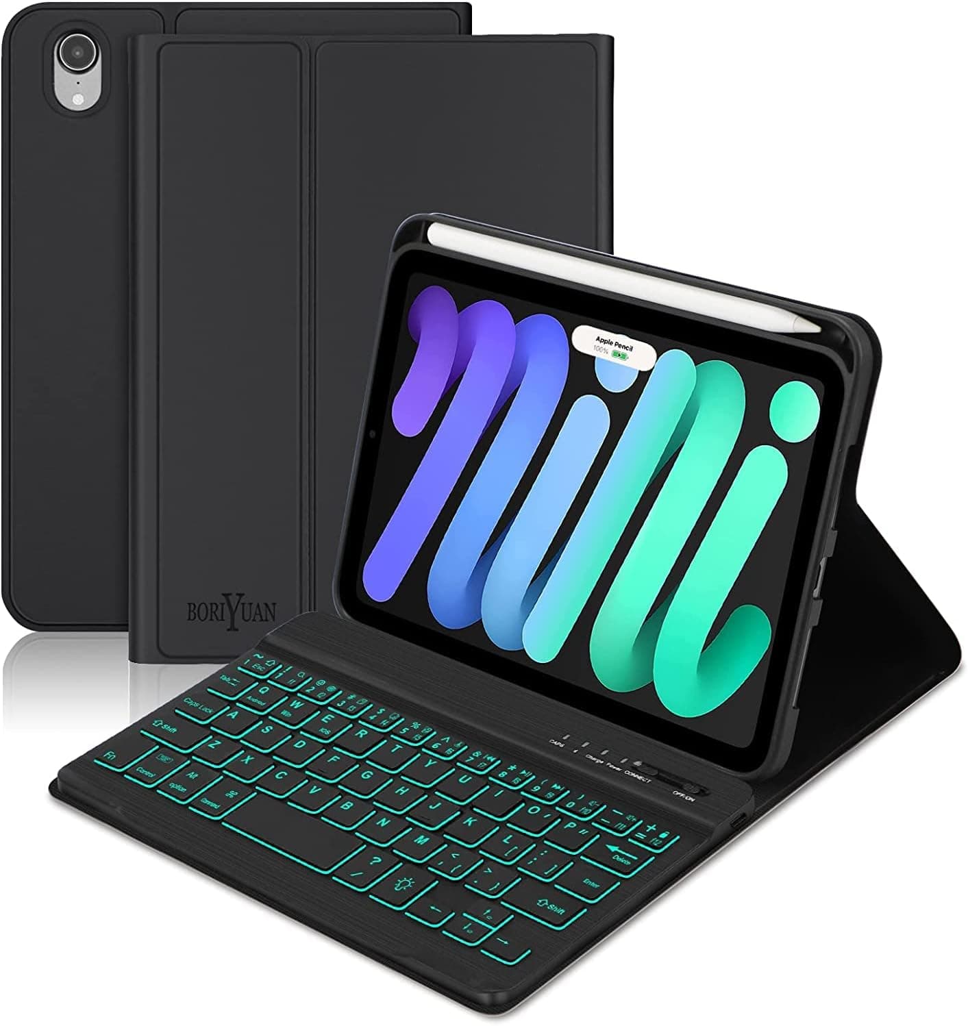 BORIYUAN iPad Mini 6 Keyboard Case 2021, 7 Colors Backlit Detachable Keyboard Slim Folio Smart Cover for iPad Mini 6th Generation 8.3 inch – Black