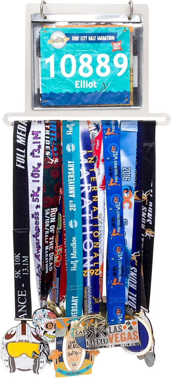 LISH Race Bib and Marathon Medal Display Rack - Wall Mounted Runners Medal Hanger Complete Set, Display up to 24 Medals and 20 Race Bibs, Includes 10 Free Flip Pouches (Silver)