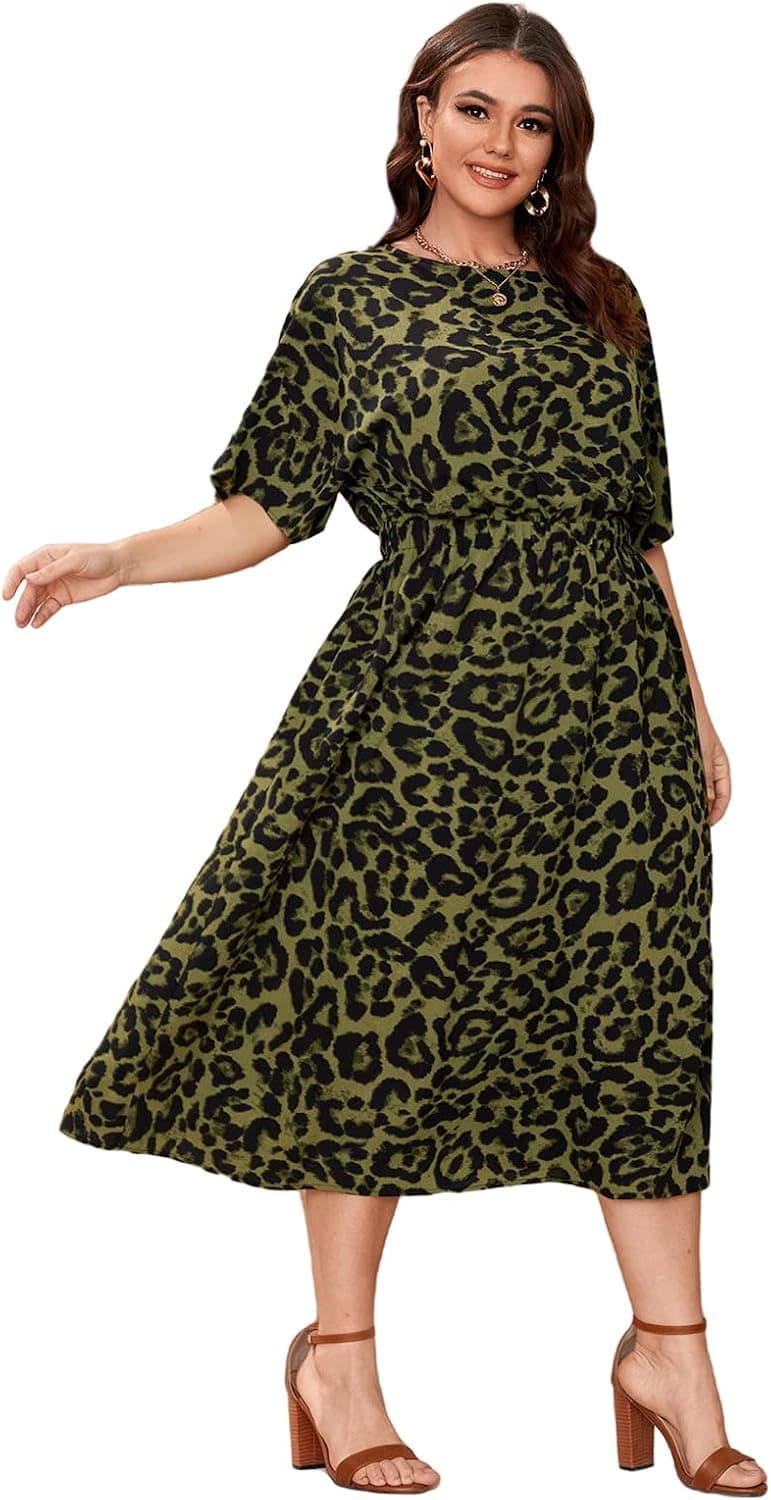 Floerns Women's Plus Size Printed Short Sleeve Elastic Waist A Line Long Dress