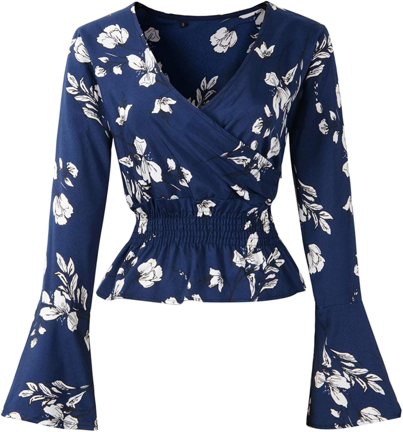 Cekaso Women's Chiffon Blouses Floral Printed Warp V-Neck Long Sleeve Peplum Surplice Casual Top, Navy Blue,Tag Size 2XL=US Size X-Large