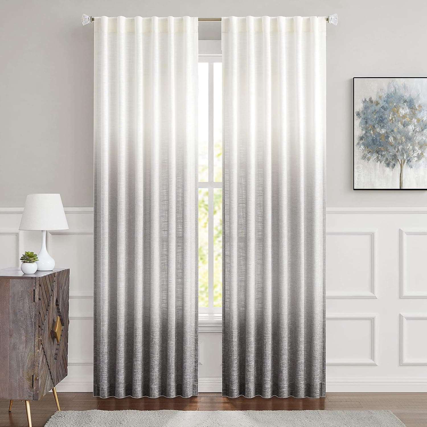 Central Park Ombre Window Curtain Panel Linen Gradient Print on Rayon Blend Fabric Backtab Rod Pocket Drapery Treatments for Living Room/Bedroom, Cream White to Gray, 50" x 84", Set of 2