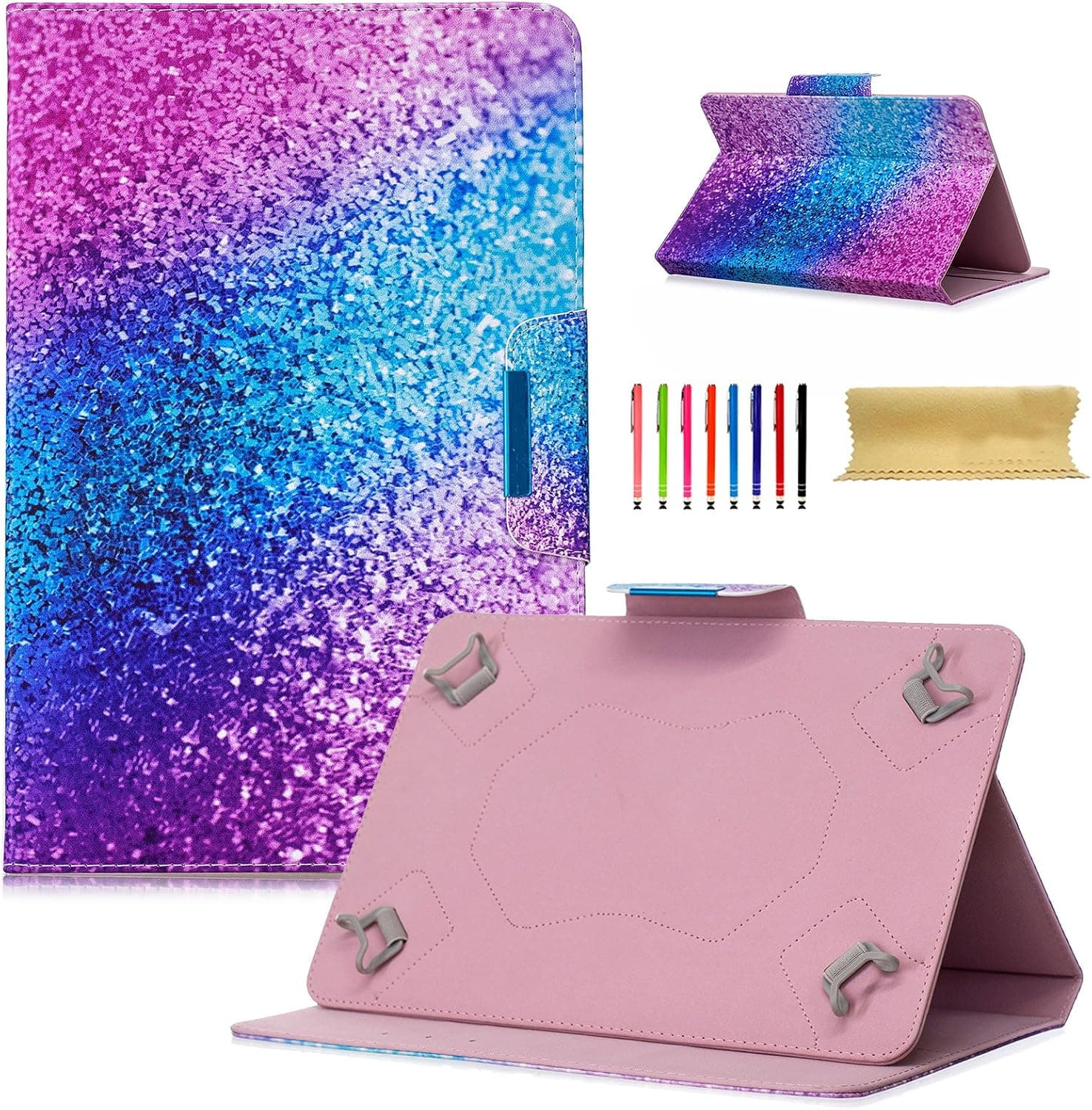 Coopts 9.5-10.5 inch Universal iPad Case, Luxury Synthetic Leather Magnetic Closure Case Cover [Cards/Money Slots] Flip Stand Wallet Protective Shell Case, Rainbow Sand