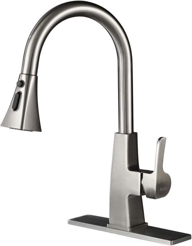 Kitchen Sink Faucet-Arofa A03LY Single Handle Brushed Nickel Stainless Steel gooseneck Kitchen faucets with Pull Down Sprayer