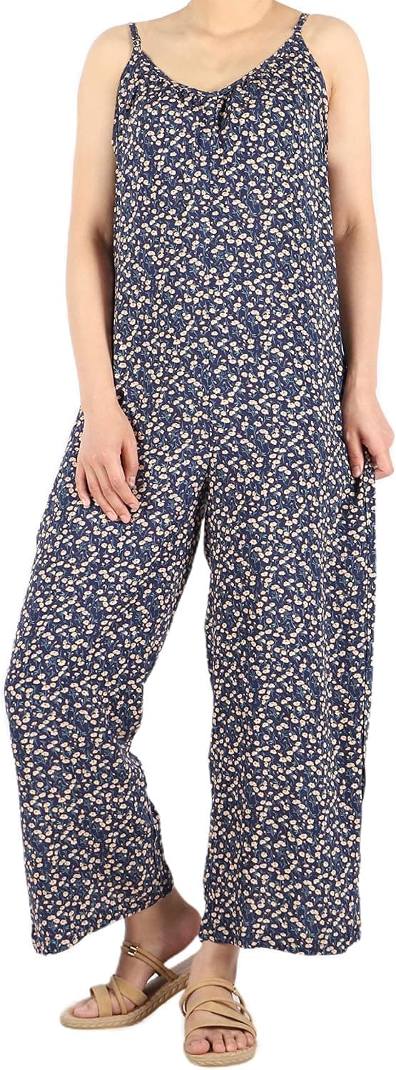 Ailoqing Tie dye Floral Spaghetti Flowy Wide Leg Boho Jumpsuit for Women Casual Summer (Navy-Floral, 3X-Large)