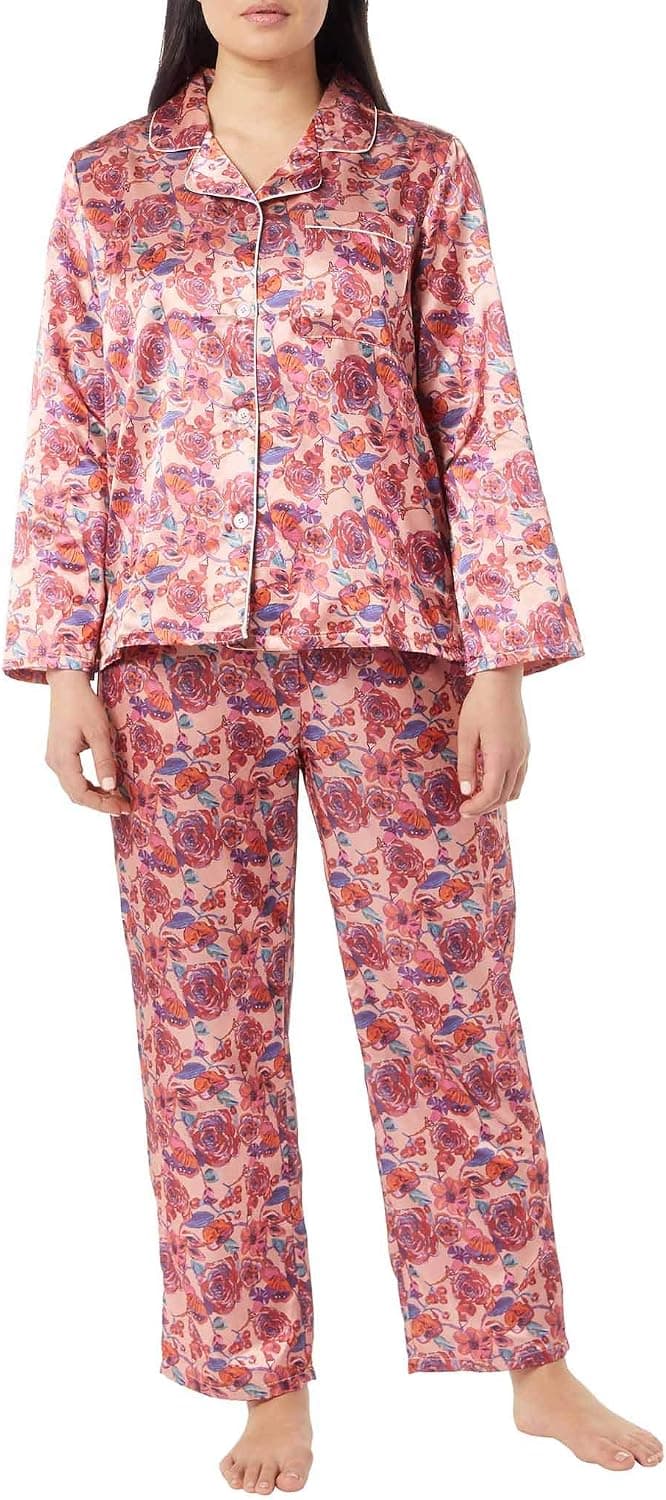 AmeriMark Womens Classic Satin Pajama Set Silky PJ Long Sleeves Button Up Front Blush Floral Large