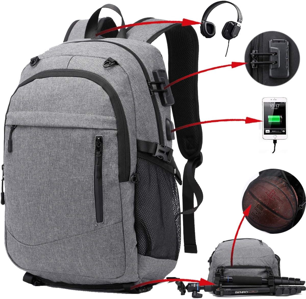 KOLAKO 17.3 inch Laptop Backpack, Water Resistant Sports Basketball Backpack Soccer Backpack Lock Headphone Jack, Anti Theft Travel Backpack