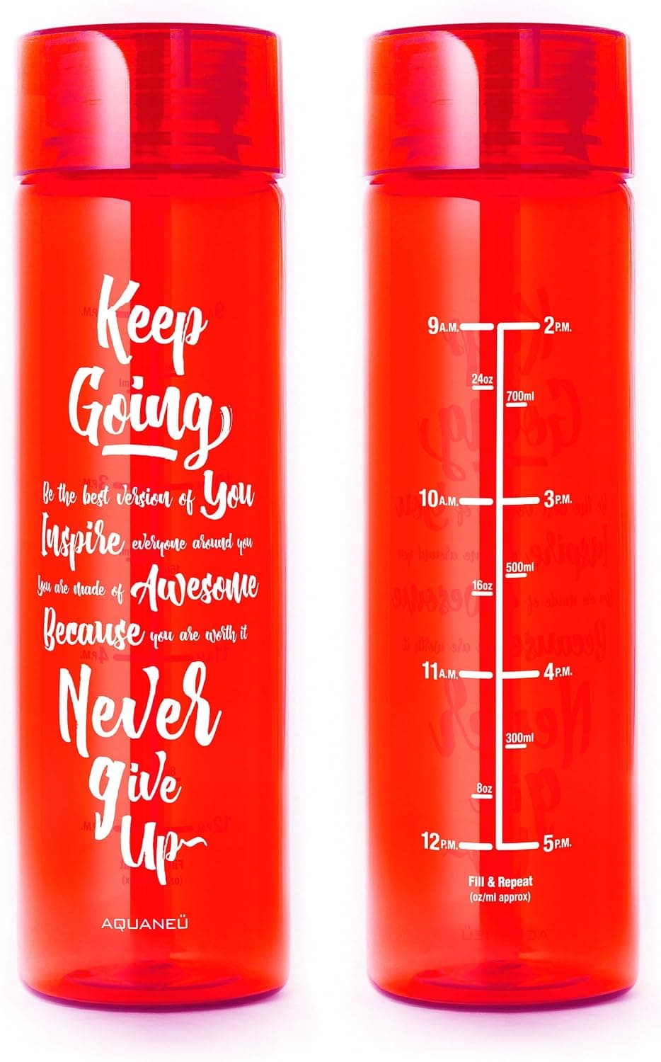 AQUANEÜ 32oz Inspirational Fitness Workout Sports Water Bottle with Time Marker | Measurements | Goal Marked Times for Measuring Your H2O Intake, BPA Free Non-Toxic Tritan