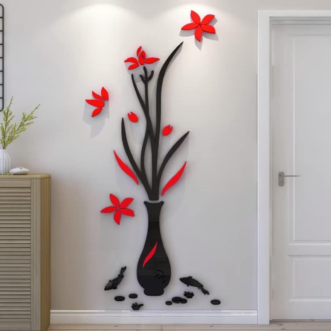 Living Room Wall Decor Stickers - 3D Vase Sticker DIY Red Wall Decor Living Room Wall Decals Home Decor Wall Stickers for Living Room Bedroom Wall Decorations（ Red 16.53*43.3inch ）
