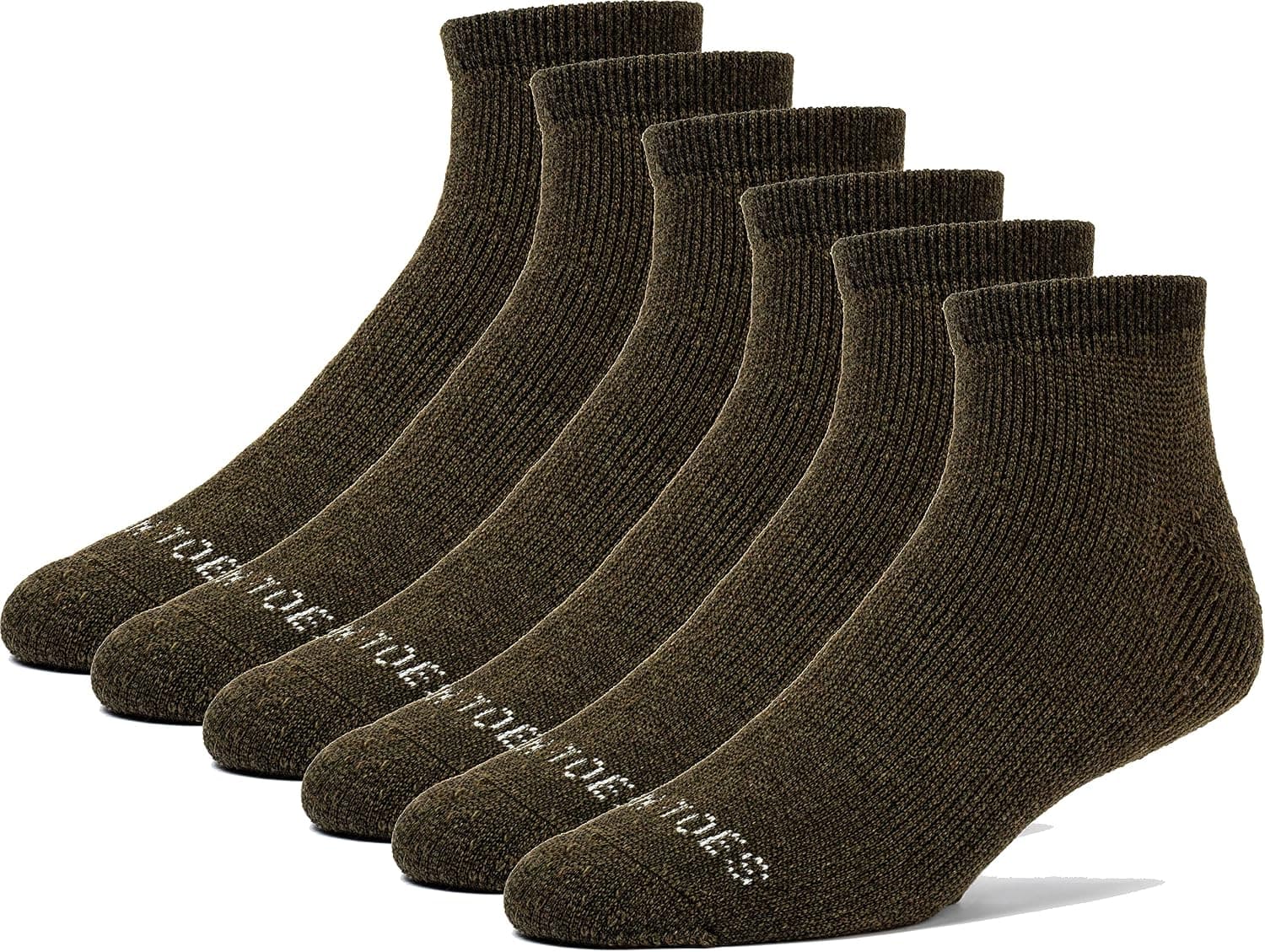 FUN TOES Men's Merino Wool Hiking Trailing Socks 6 Pairs Performance Fully Cushioned Breathable Quarter Ankle (Military Green)