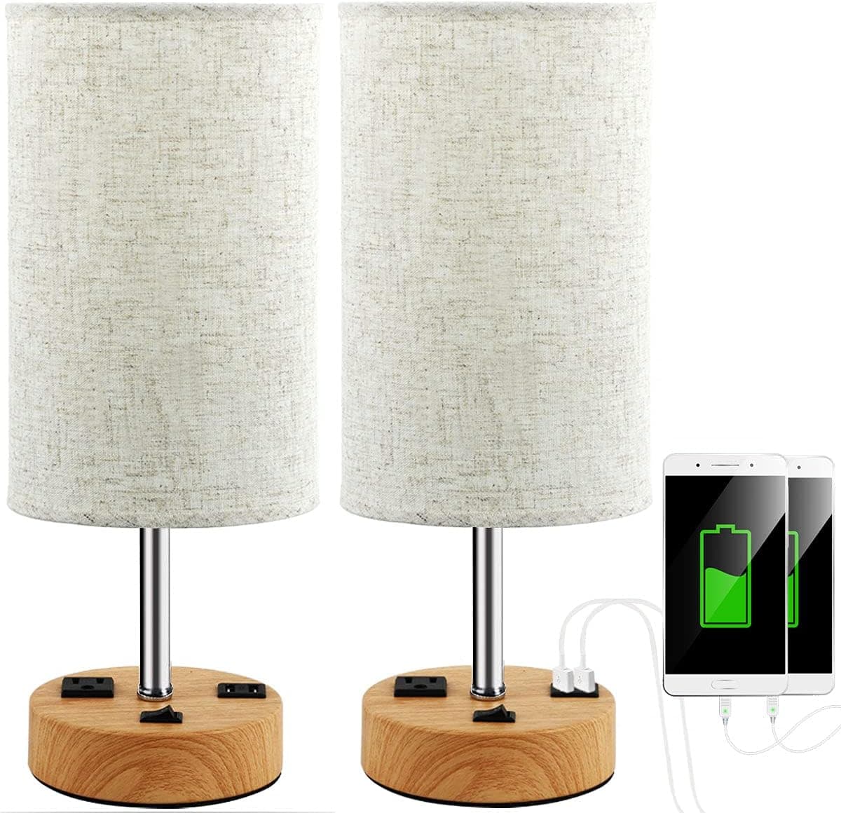USB Table Lamp Set of 2, Bedside Nightstand Lamp with Dual USB Charging Ports & AC Outlet, Solid Wood Base, Fabric Shade Desk Reading Lamp for Living Room Bedroom Office