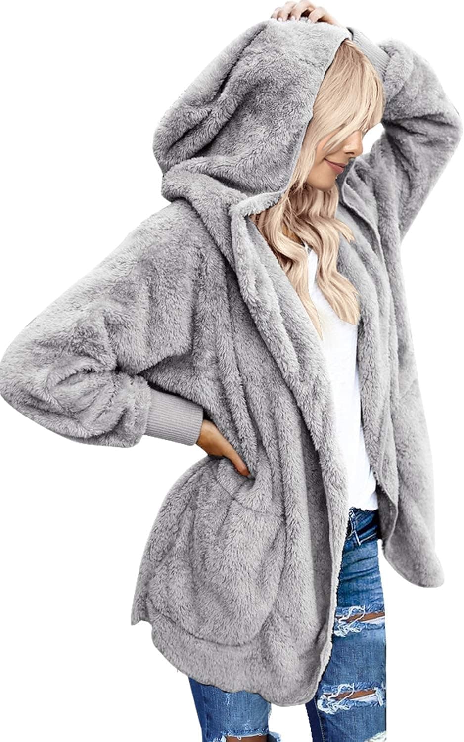 LookbookStore Women's Oversized Open Front Hooded Draped Pockets Cardigan Coat