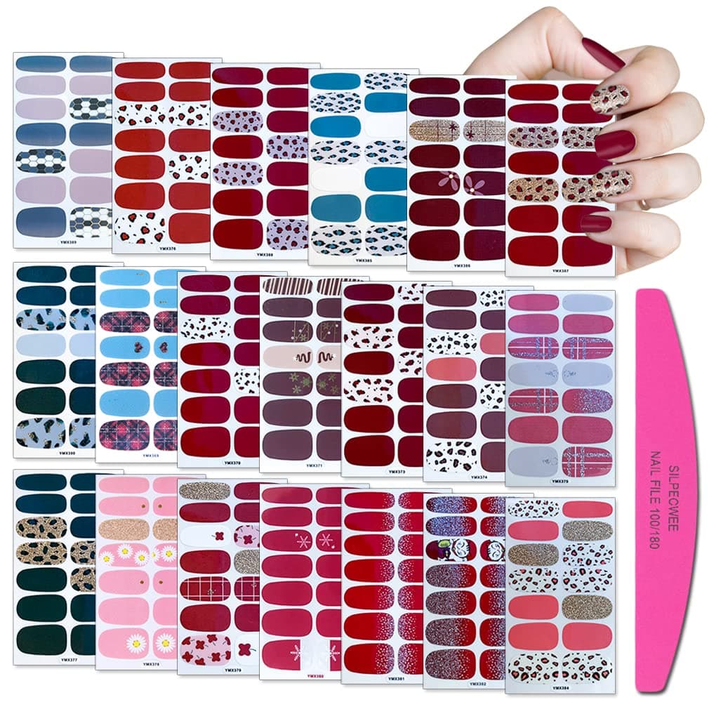 SILPECWEE 20 Sheets Cheetah Print Glitter Nail Polish Strips for Women Nail Stickers Full Nail Wraps Sticker Nail Polish Adhesive Nail Art Stickers with 1pc Nail File