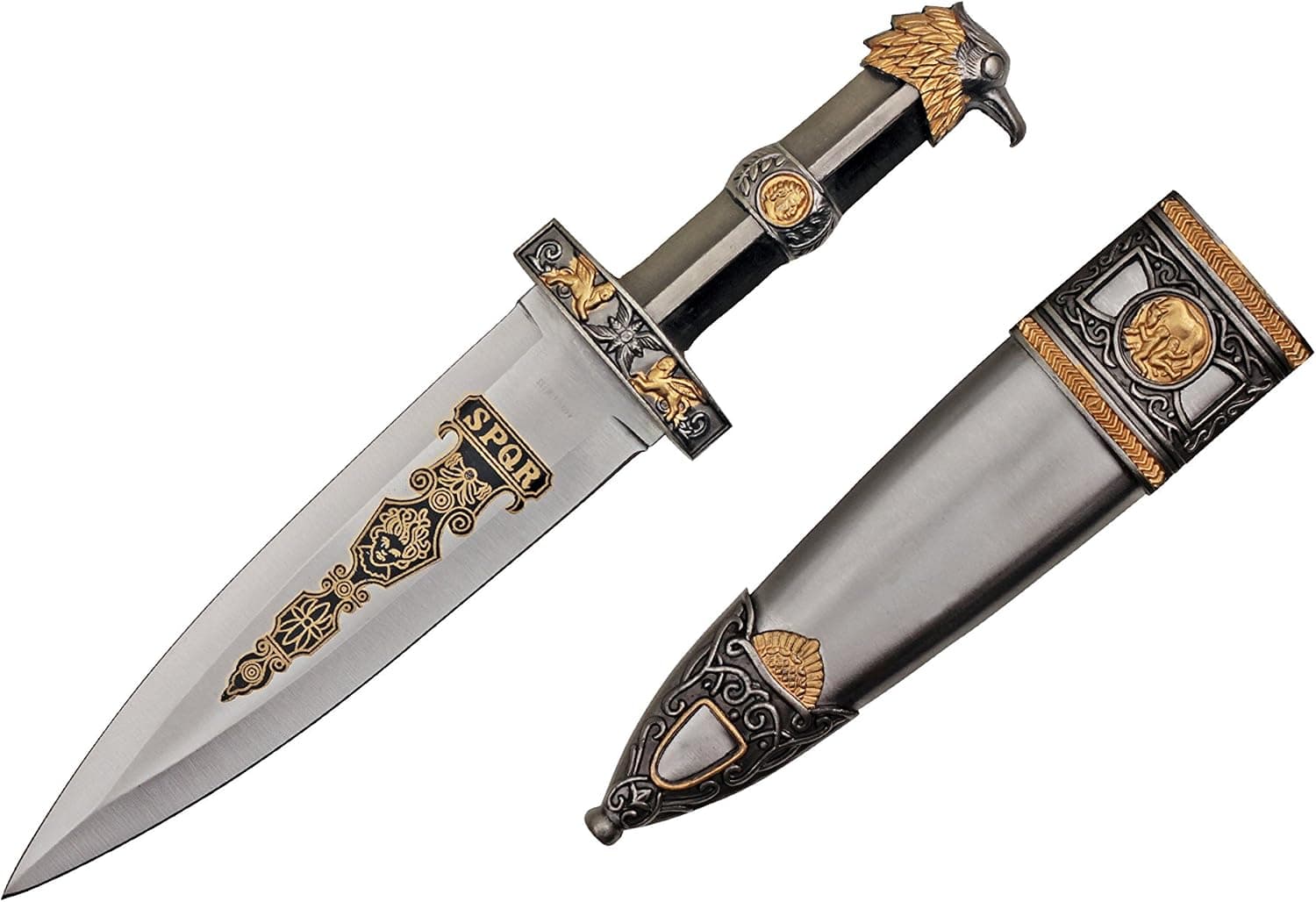 Wuu Jau H-72 Roman Dagger with Eagle Head Designed Handle and Scabbard, 14", Brass Finish